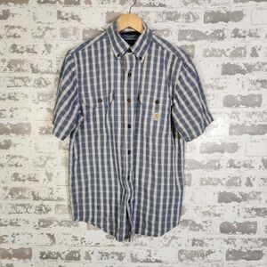 Carhartt Shirt Men S Plaid Blue White Button Up Short Sleeve‎ Lose Fit Western